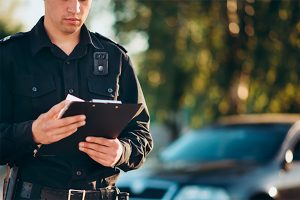 Policial em serviço utilizando a tecnologia das bodycams